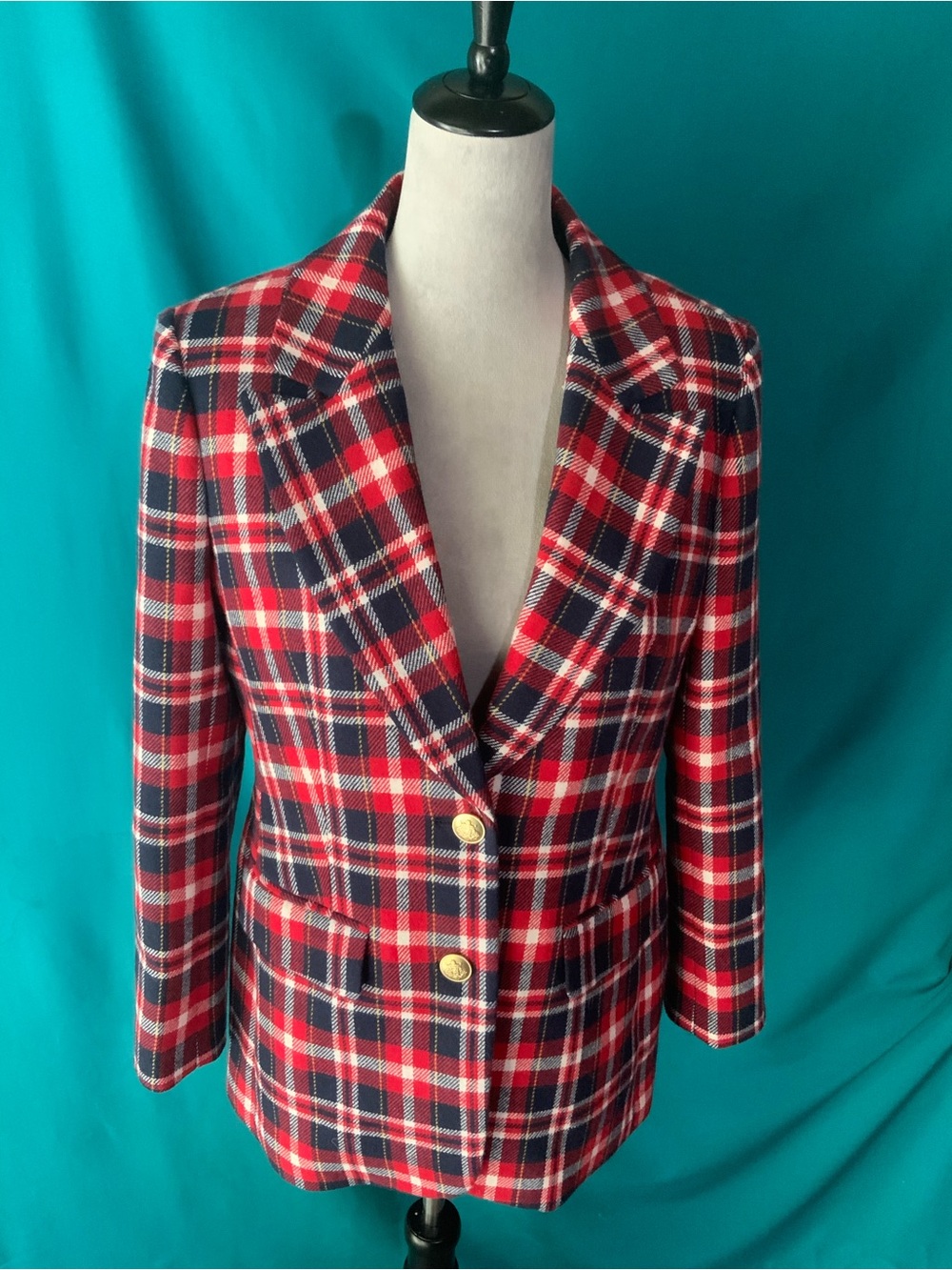 J. Crew-Nello Gori Collaborated Red & Navy Plaid Wool Blazer w/Gold Buttons